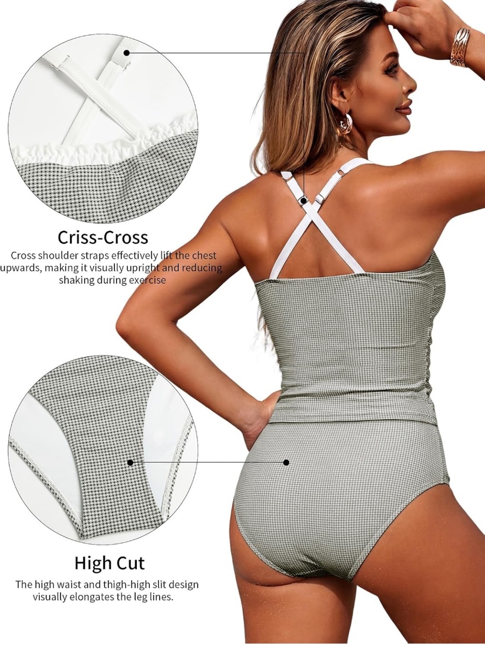 Gingham Tankini Set Striped  Square Neck Cross Strap Full Coverage Bottoms S. - Picture 5 of 8